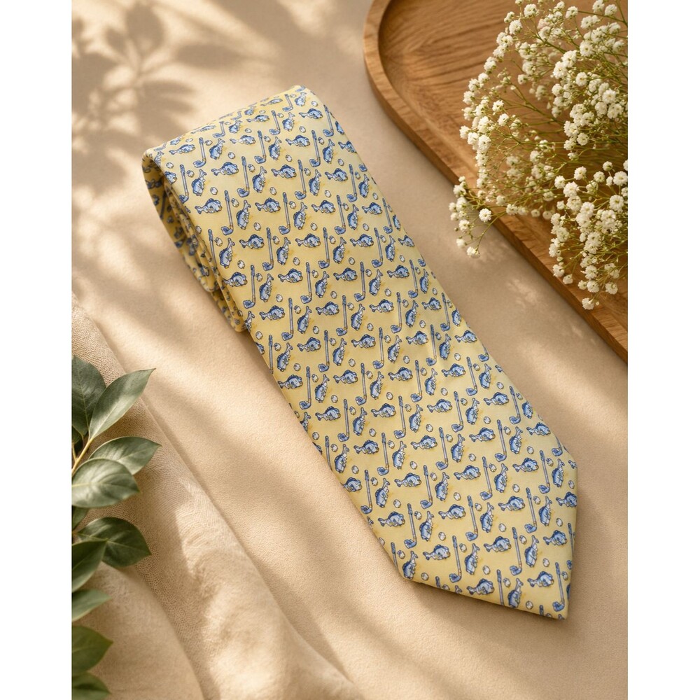 Vineyard Vines Yellow Golf Club Fish Sports Theme Silk Necktie 57"x3.75" Preppy